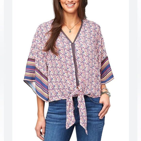Democracy 3/4 Kimono Sleeve Tie Front Top Women’s Large - Picture 1 of 5